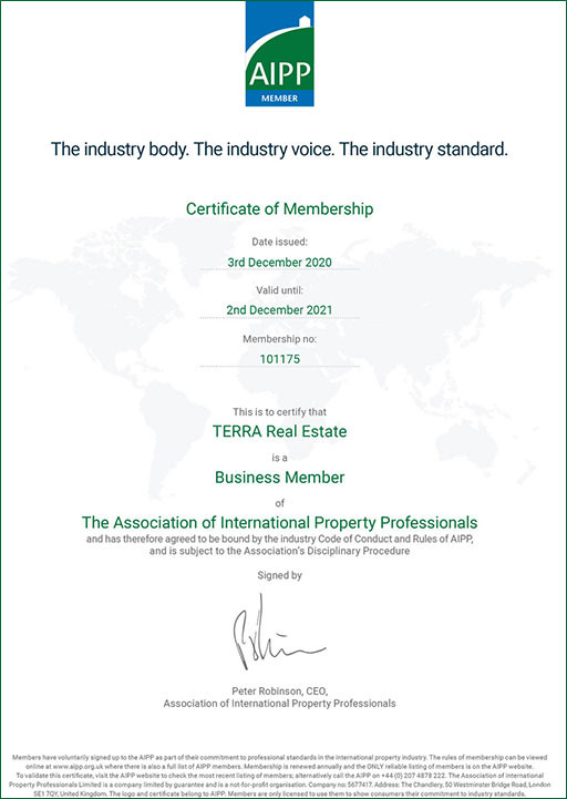 TERRA Real Estate Сертификат Членства в AIPP