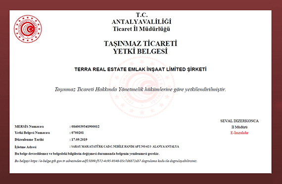 Jesteśmy posiadaczem Certyfikatu Autoryzacji Obrotu Nieruchomościami wydanego i egzekwowanego przez Tureckie Ministerstwo Handlu