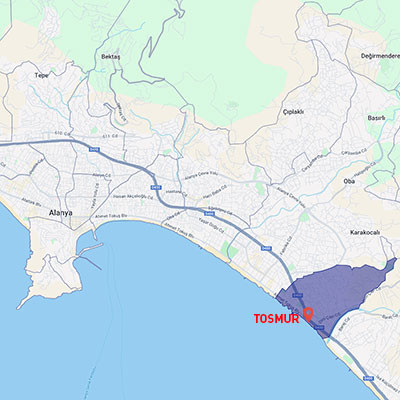 Tosmurs beliggenhet på kartet over Alanya