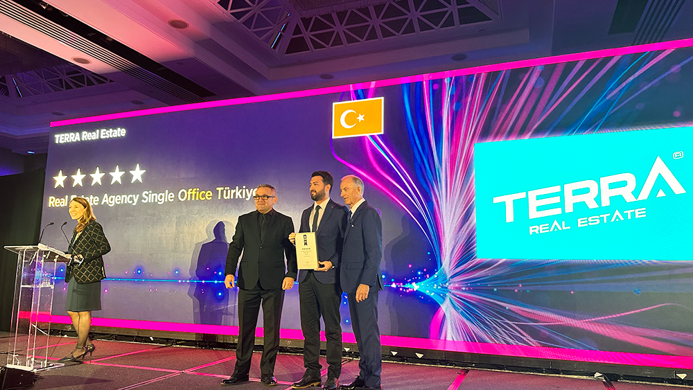 TERRA Real Estate at the European Property Awards 2026–2027 Oktay Uyaroğlu, Mehmet Karaaslan and Stuart Shield at the award presentation in London