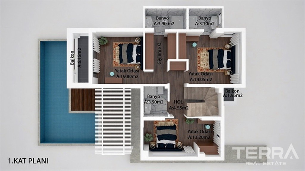 Modern Detached House with Private Pool for Sale in Fethiye Calış - 39613
