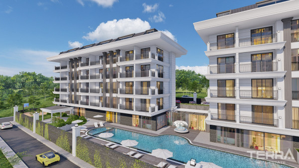 Wohnen mit Meerblick in Apartments mit verschiedenen sozialen Einrichtungen in Alanya