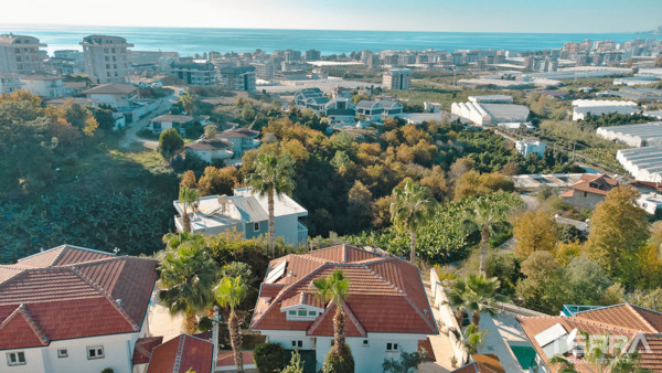 Villa mit Meerblick und privatem Pool, umgeben von Palmen in Alanya
