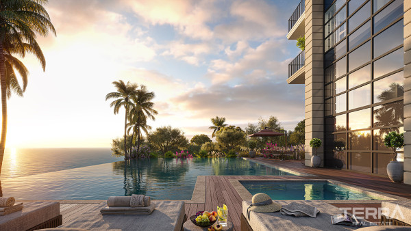 Hochhauskomplex mit Meerblick und Infinity-Pool in Mersin